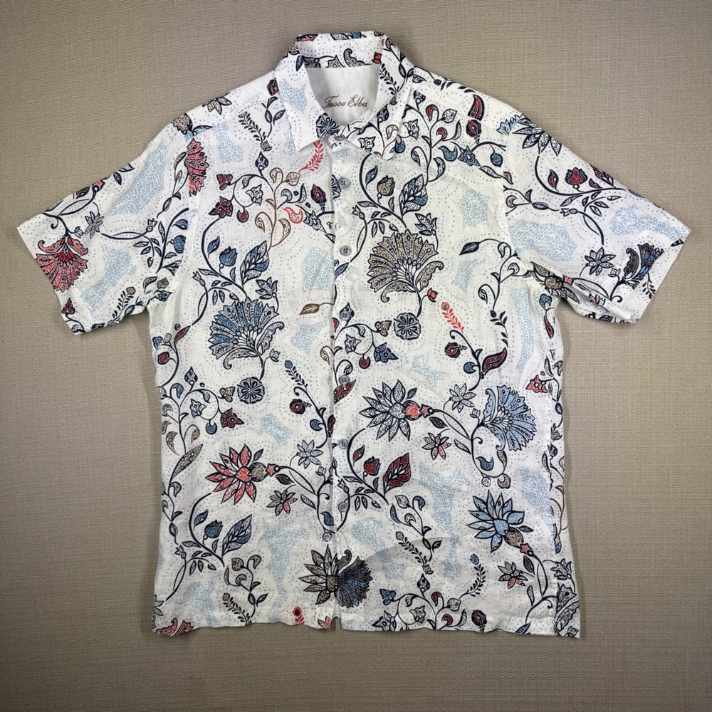 Tasso Elba Mens 100% Linen Button Down Shirt White Floral Paisley Print Size S